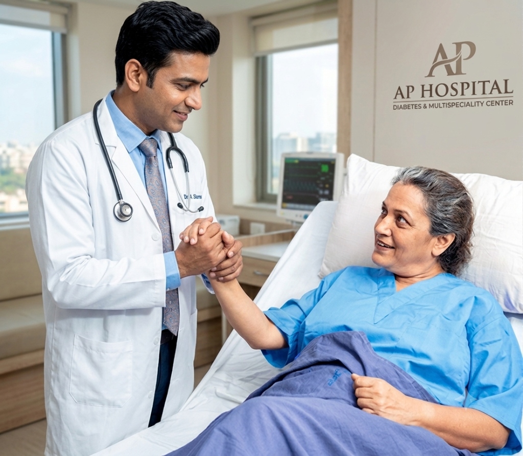Doctor holding hands with patient in AP Hospital bed