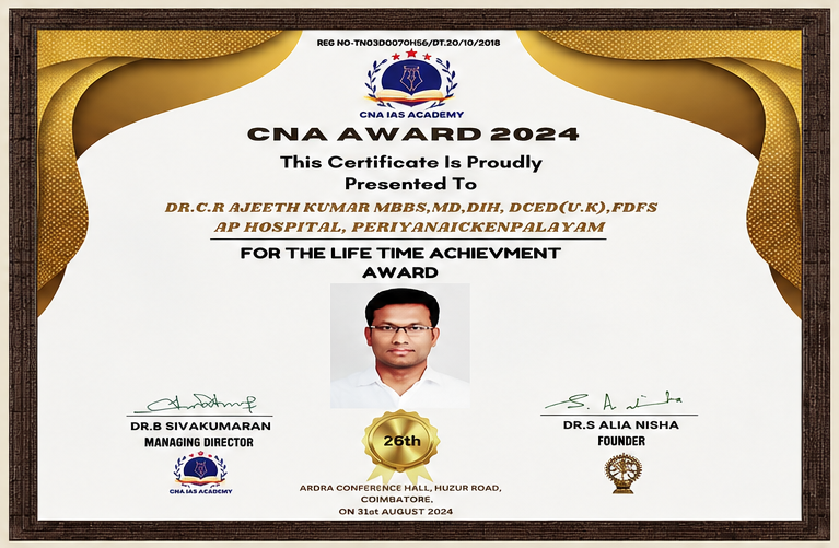 Lifetime Achievement Award certificate from CNA IAS Academy