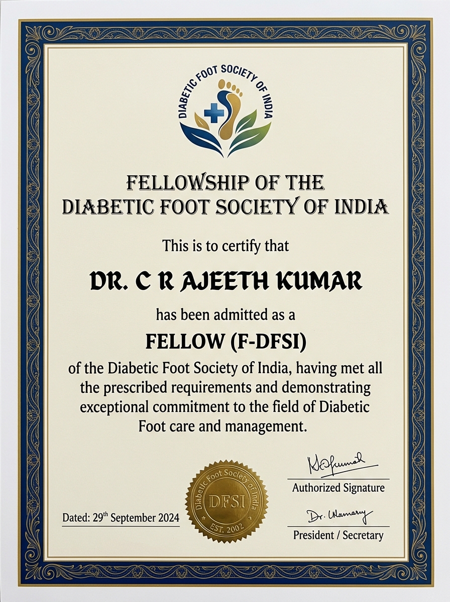 Fellowship of the Diabetic Foot Society of India certificate awarded to Dr. C R Ajeeth Kumar